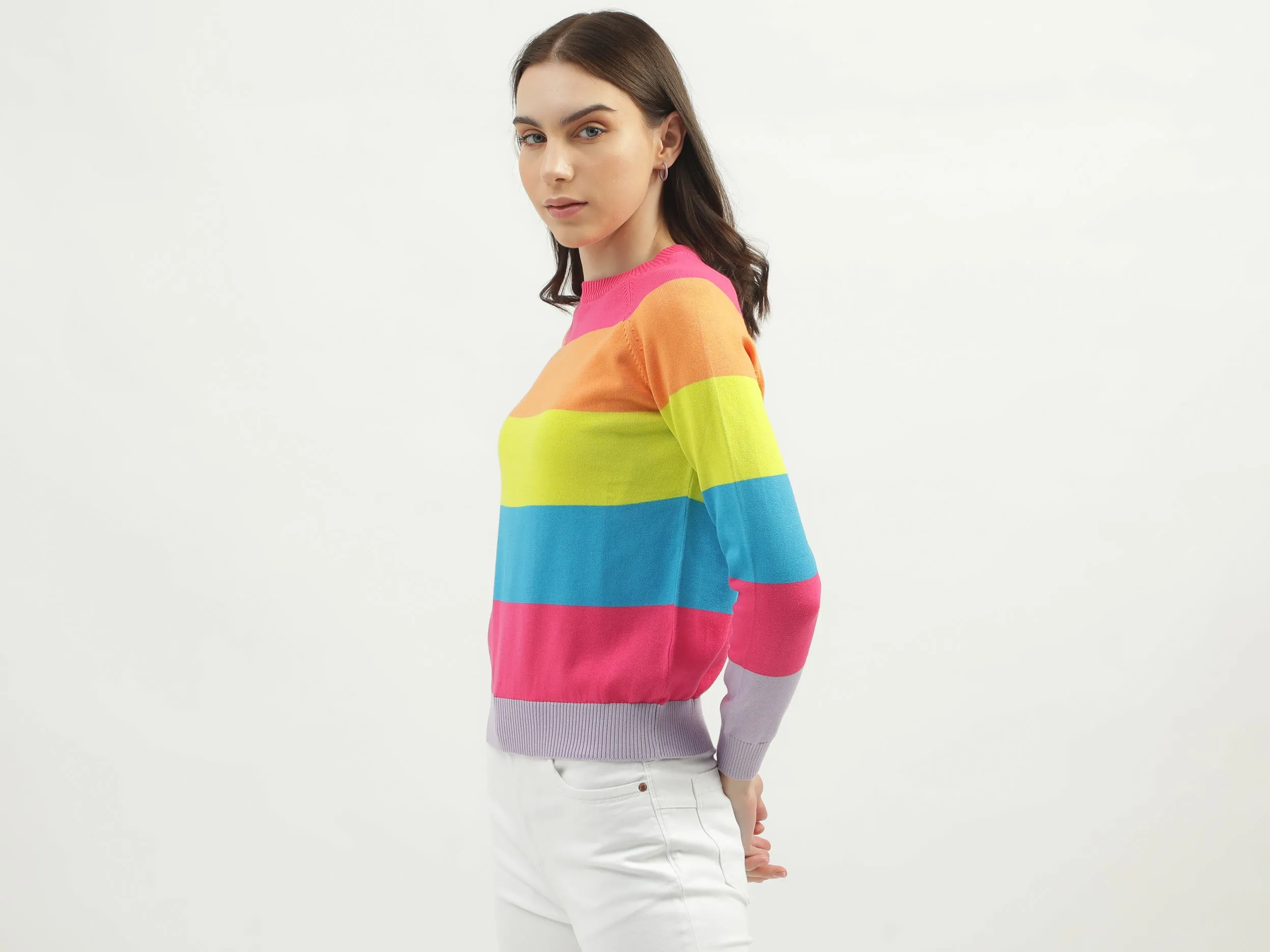 Women's Regular Fit Crew Neck Striped Sweaters