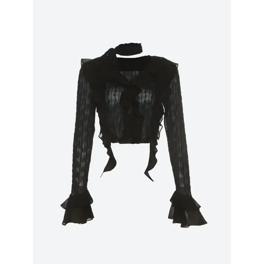 Y2K Full Zip Jacket with Ruffles and Sheer Finish