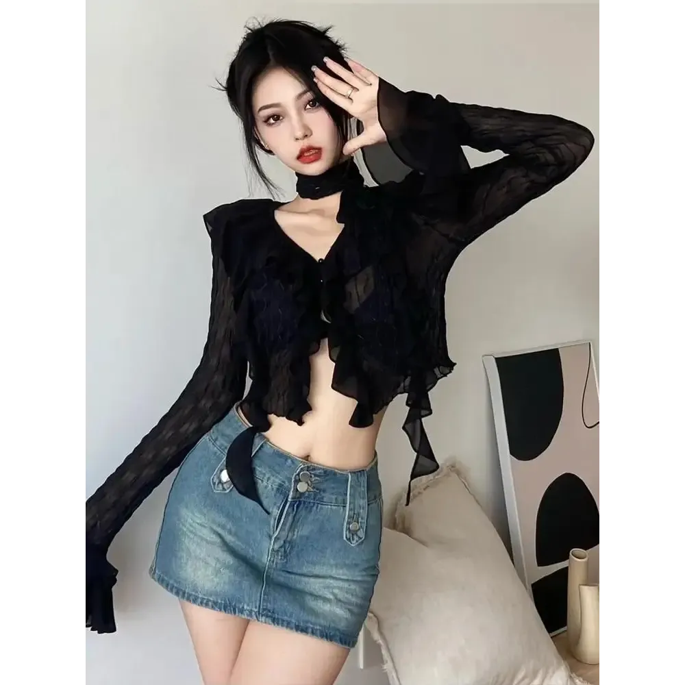 Y2K Full Zip Jacket with Ruffles and Sheer Finish