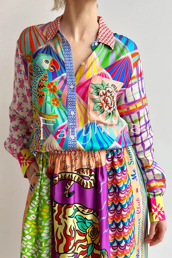 You Make Me Wonder Satin Colorful Unique Print Button Down Oversized Blouse